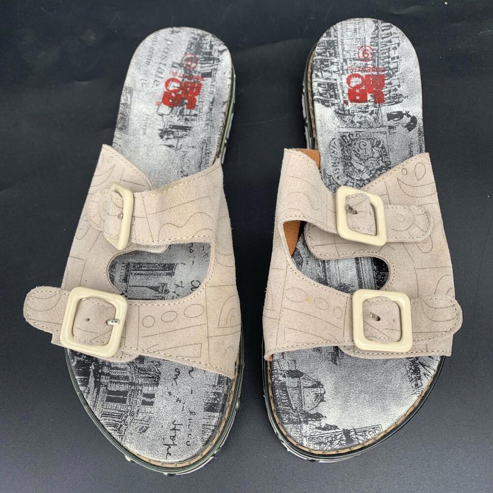 LAMO Womens US 8 Slide Arizona Sandals Flats Tan Suede Leather Slip On